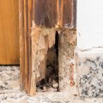 Old wooden door frame affected by woodworm. Wood-eating larvae of species of beetle